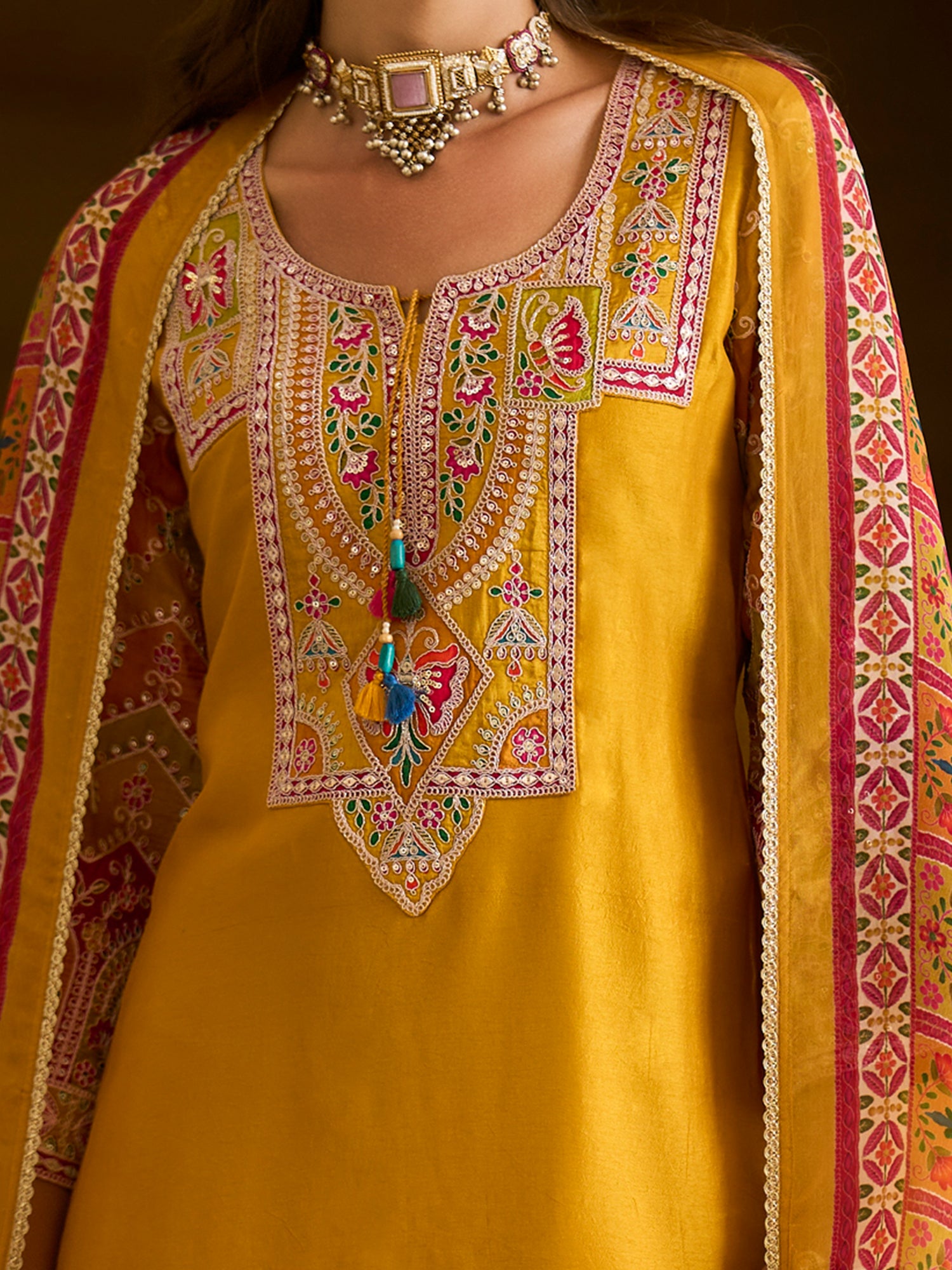 Indo Era Mustard Embroidered Straight Kurta Trousers With Dupatta set