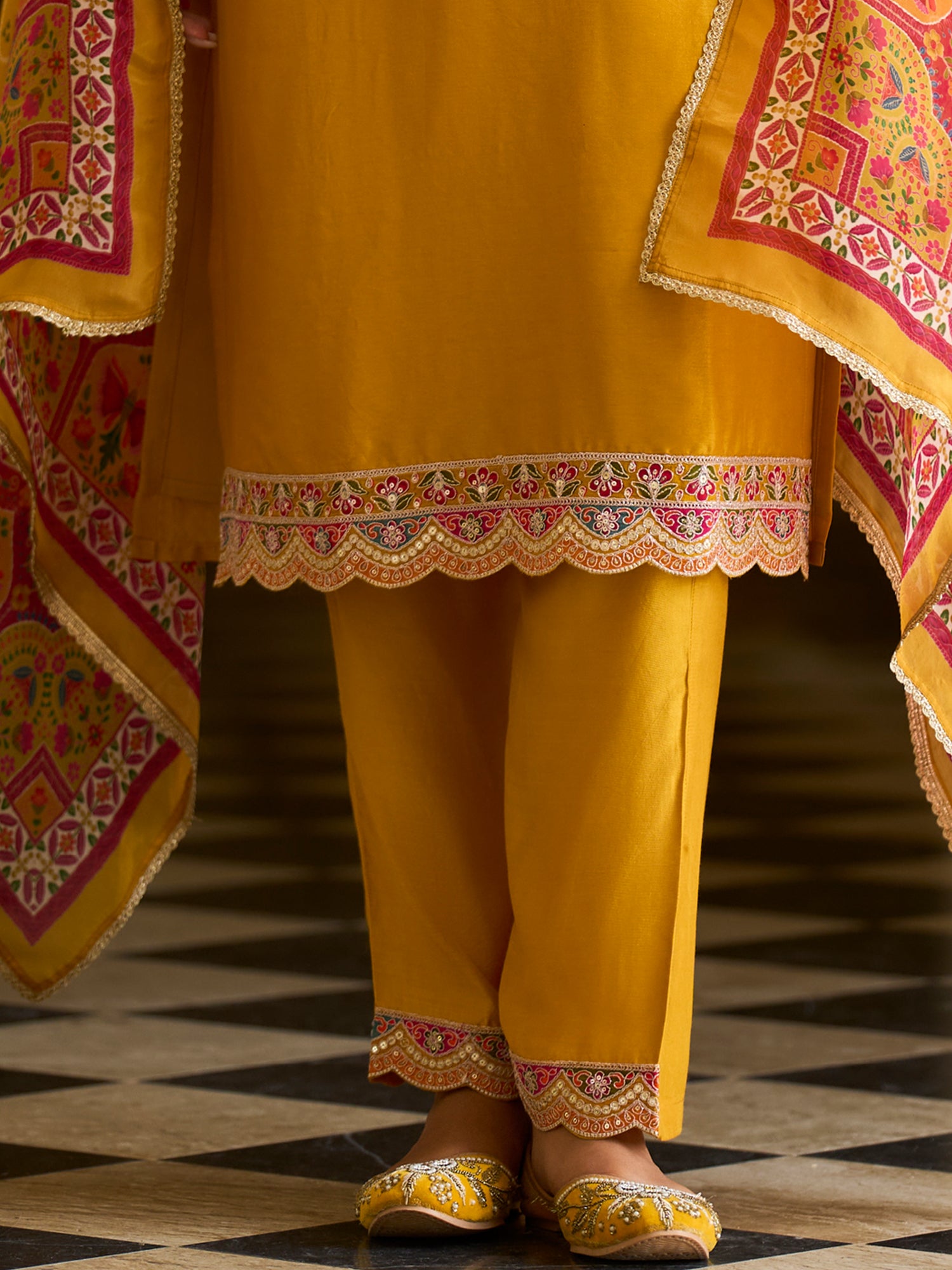 Indo Era Mustard Embroidered Straight Kurta Trousers With Dupatta set
