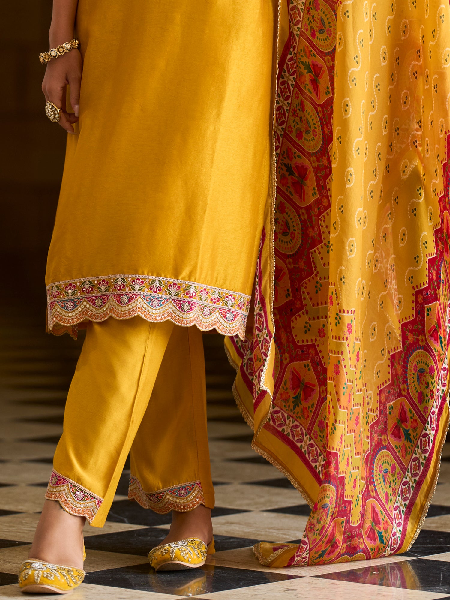 Indo Era Mustard Embroidered Straight Kurta Trousers With Dupatta set