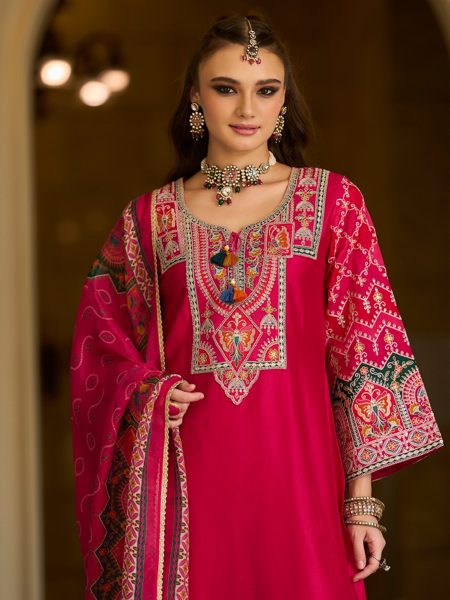 Indo Era Pink Embroidered Straight Kurta Trousers With Dupatta set