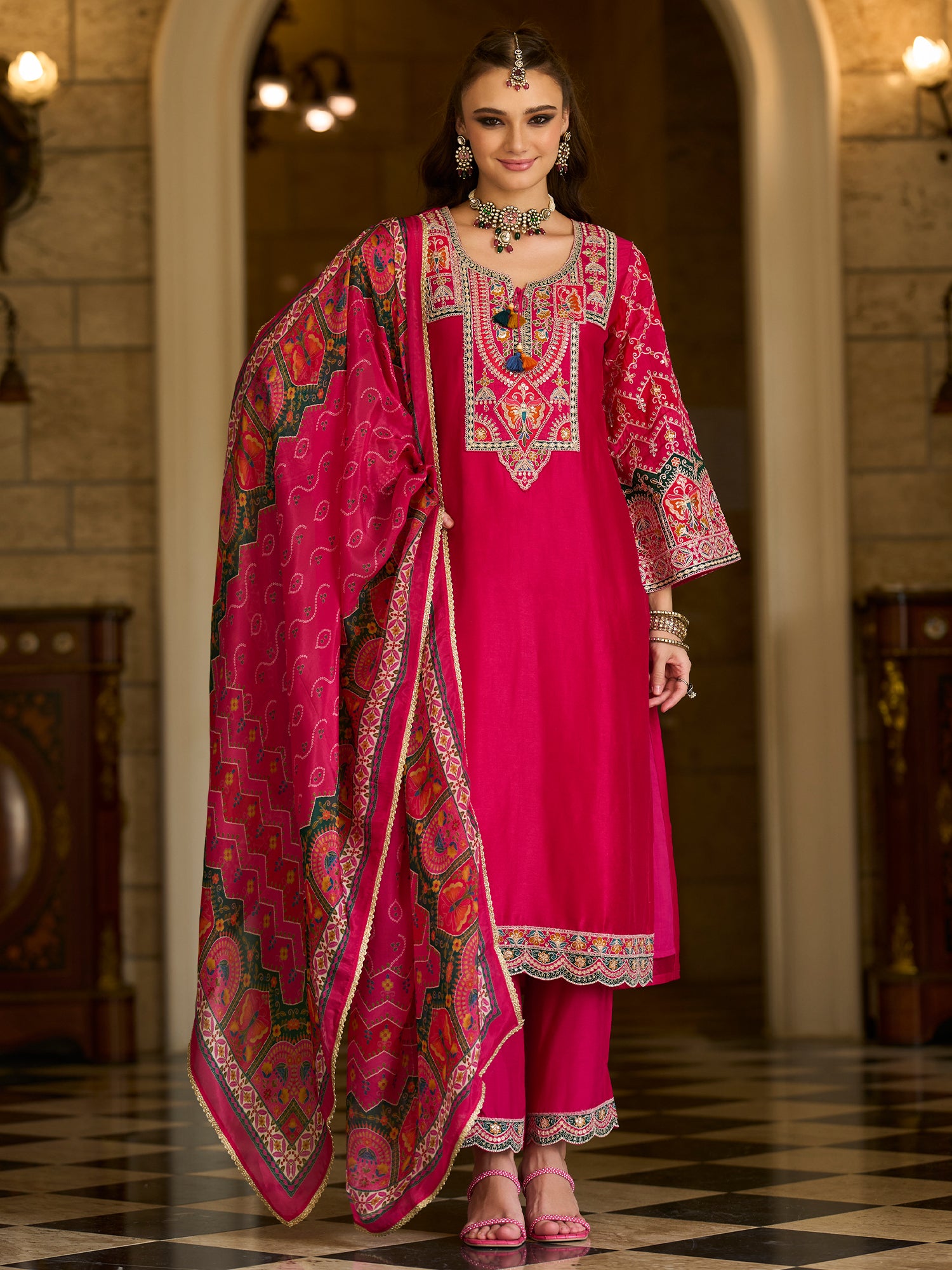 Indo Era Pink Embroidered Straight Kurta Trousers With Dupatta set