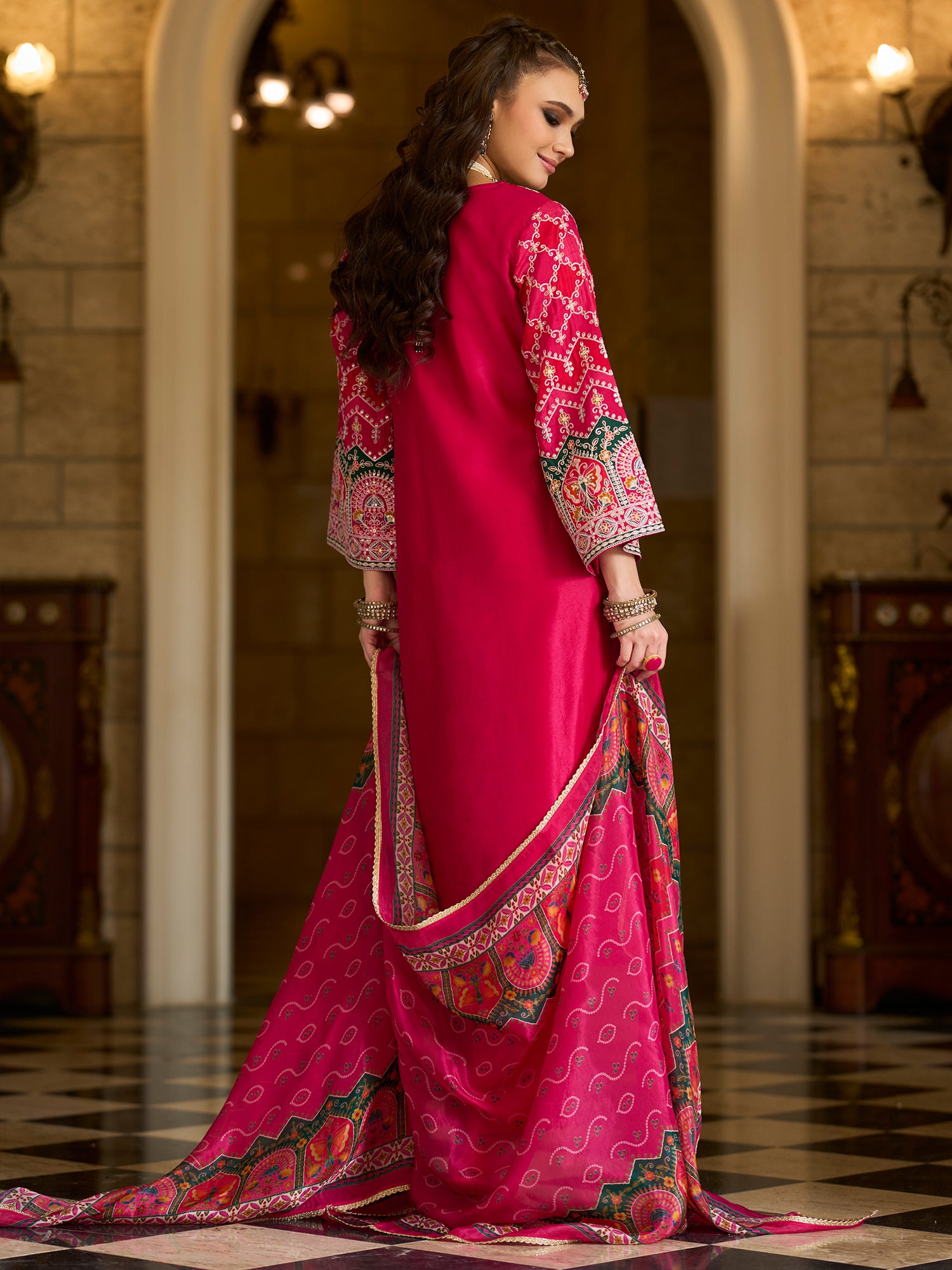 Indo Era Pink Embroidered Straight Kurta Trousers With Dupatta set
