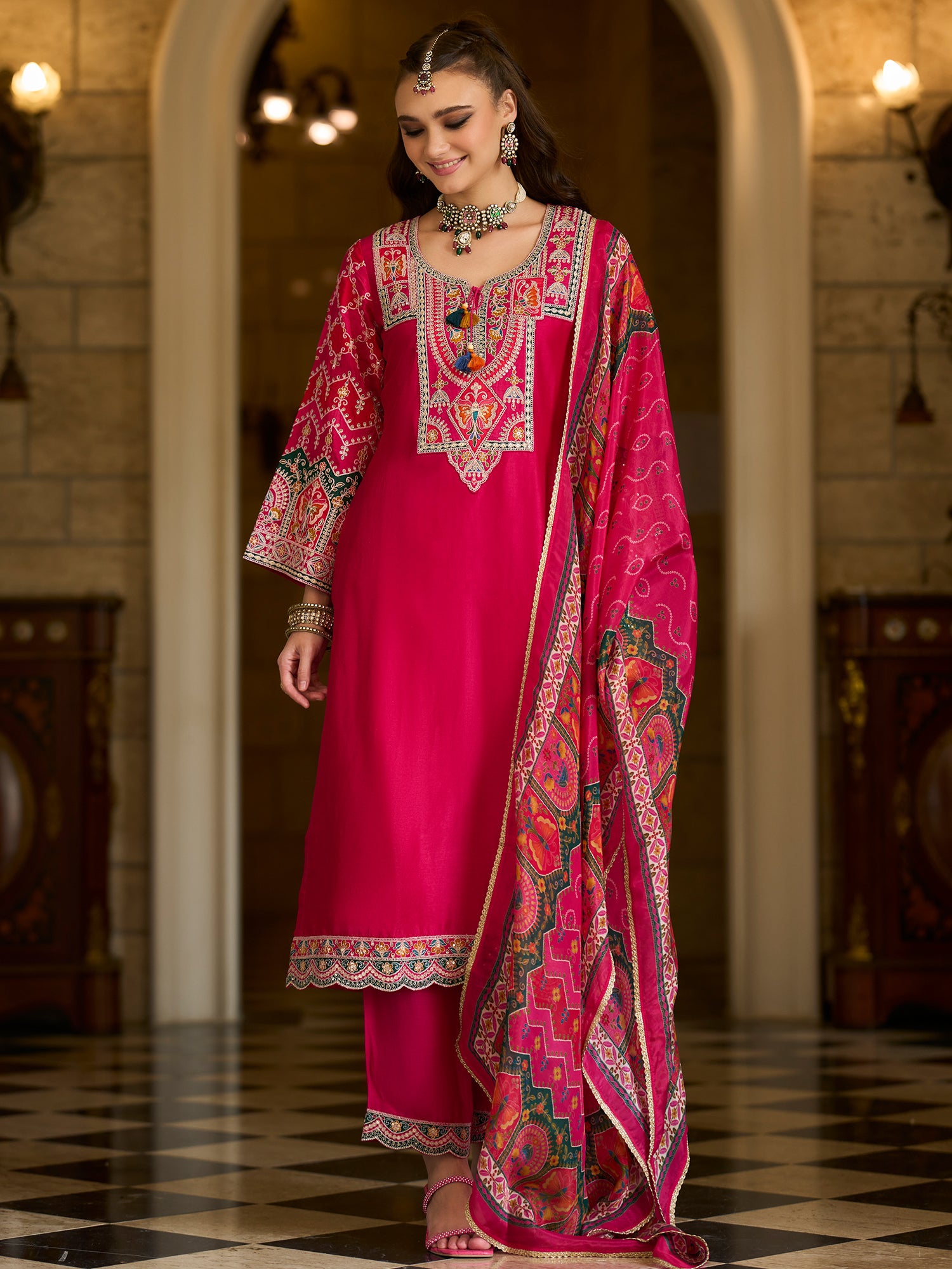 Indo Era Pink Embroidered Straight Kurta Trousers With Dupatta set