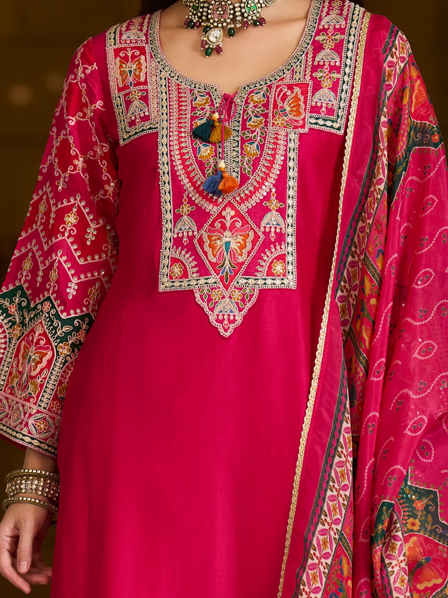 Indo Era Pink Embroidered Straight Kurta Trousers With Dupatta set