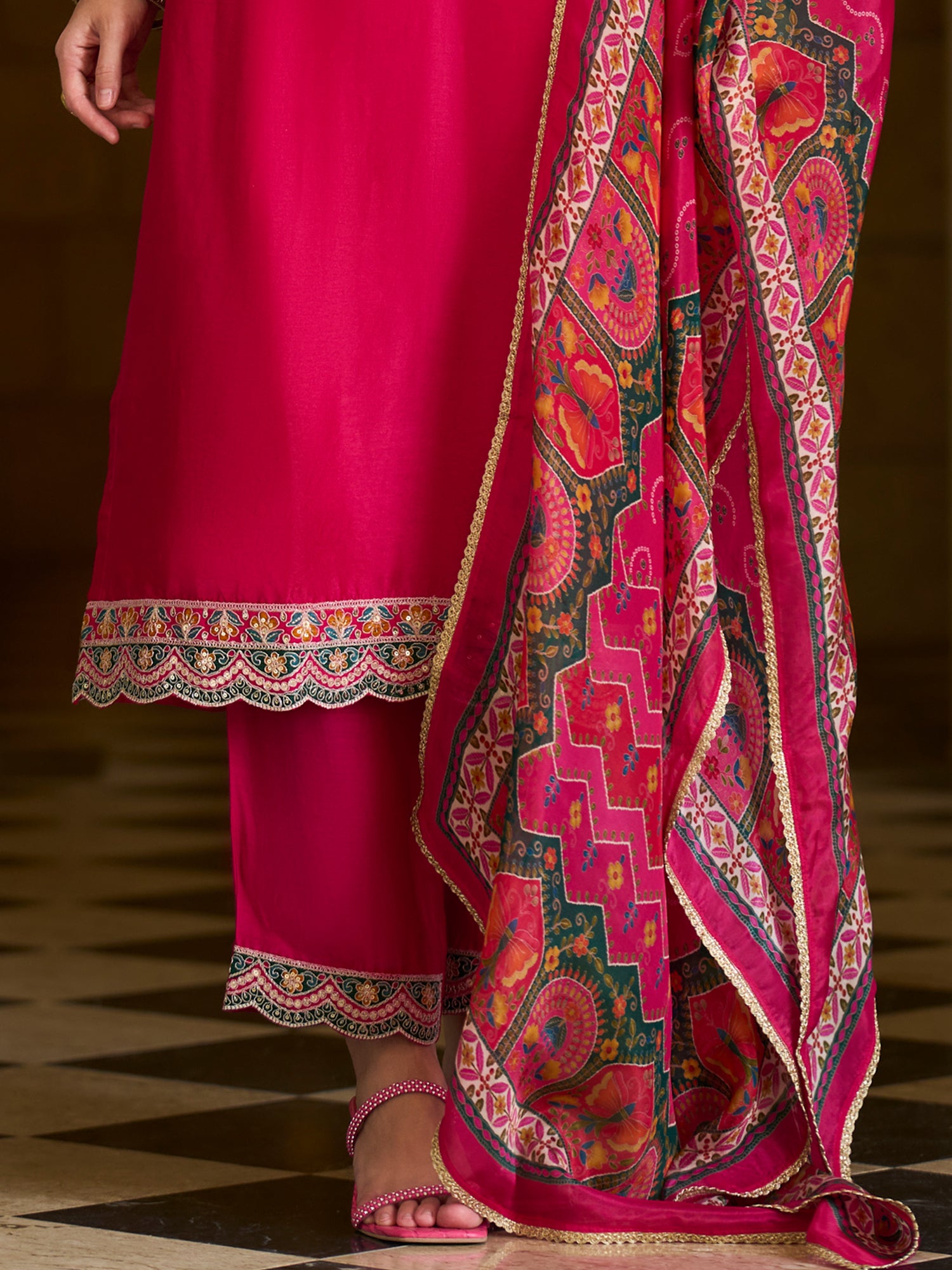 Indo Era Pink Embroidered Straight Kurta Trousers With Dupatta set