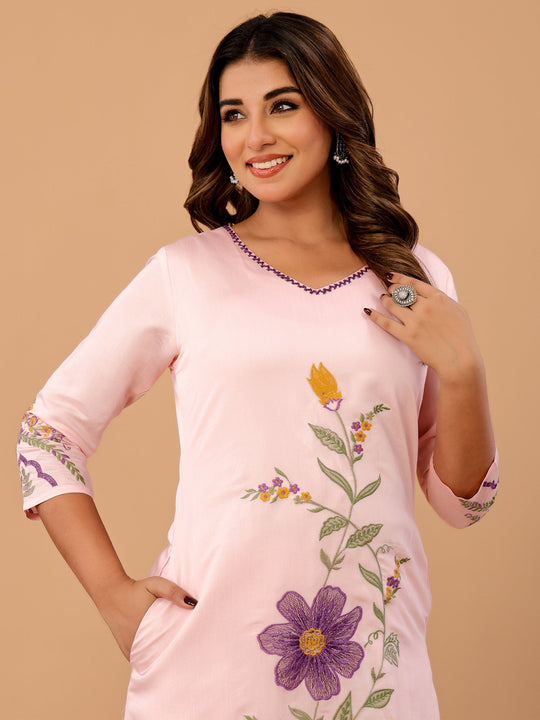 Indo Era Pink Embroidered A-Line Kurta Trousers set