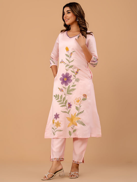 Indo Era Pink Embroidered A-Line Kurta Trousers set
