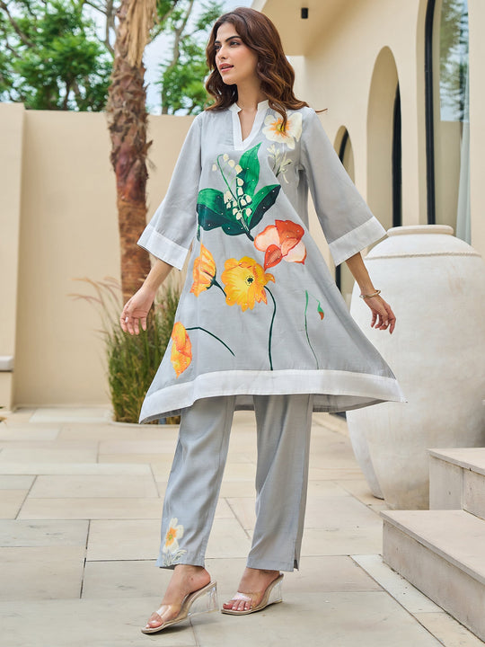 Indo Era Grey Printed A-Line Kurta Trousers set