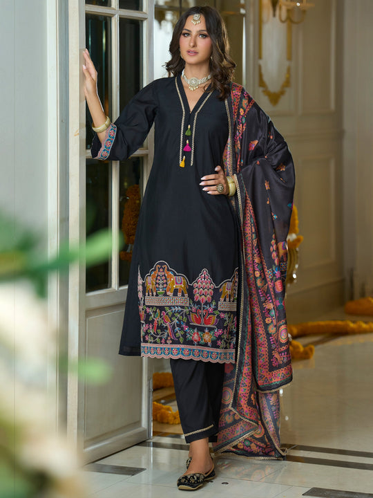 Black Embroidered Silk Blend Straight Suit Sets With Dupatta
