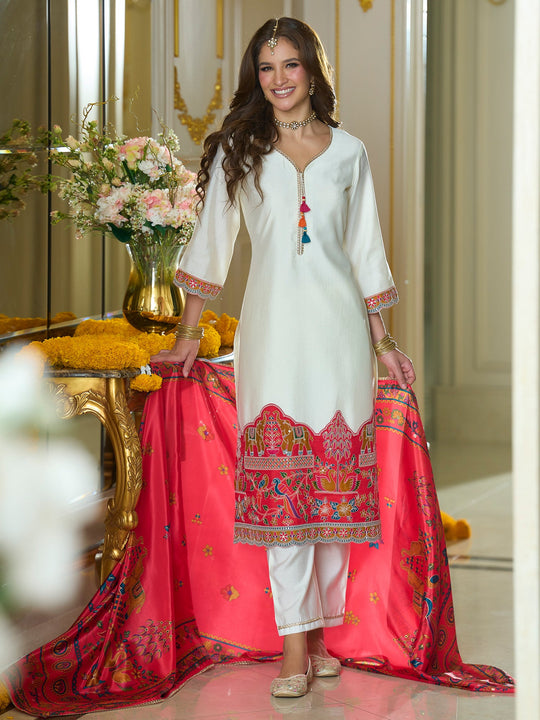 White Embroidered Silk Blend Straight Suit Sets With Dupatta