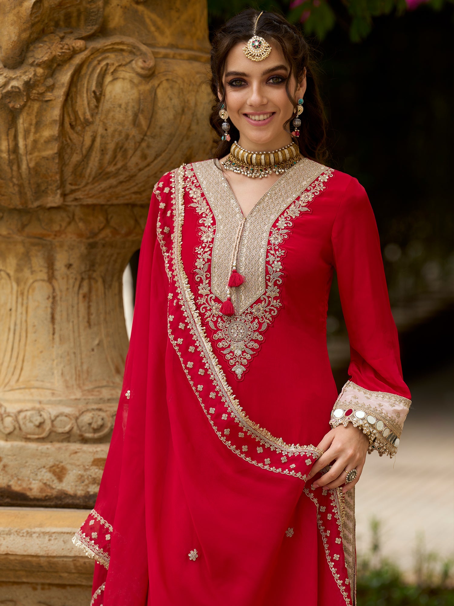 Indo Era Red Embroidered Straight Kurta Trousers With Dupatta set