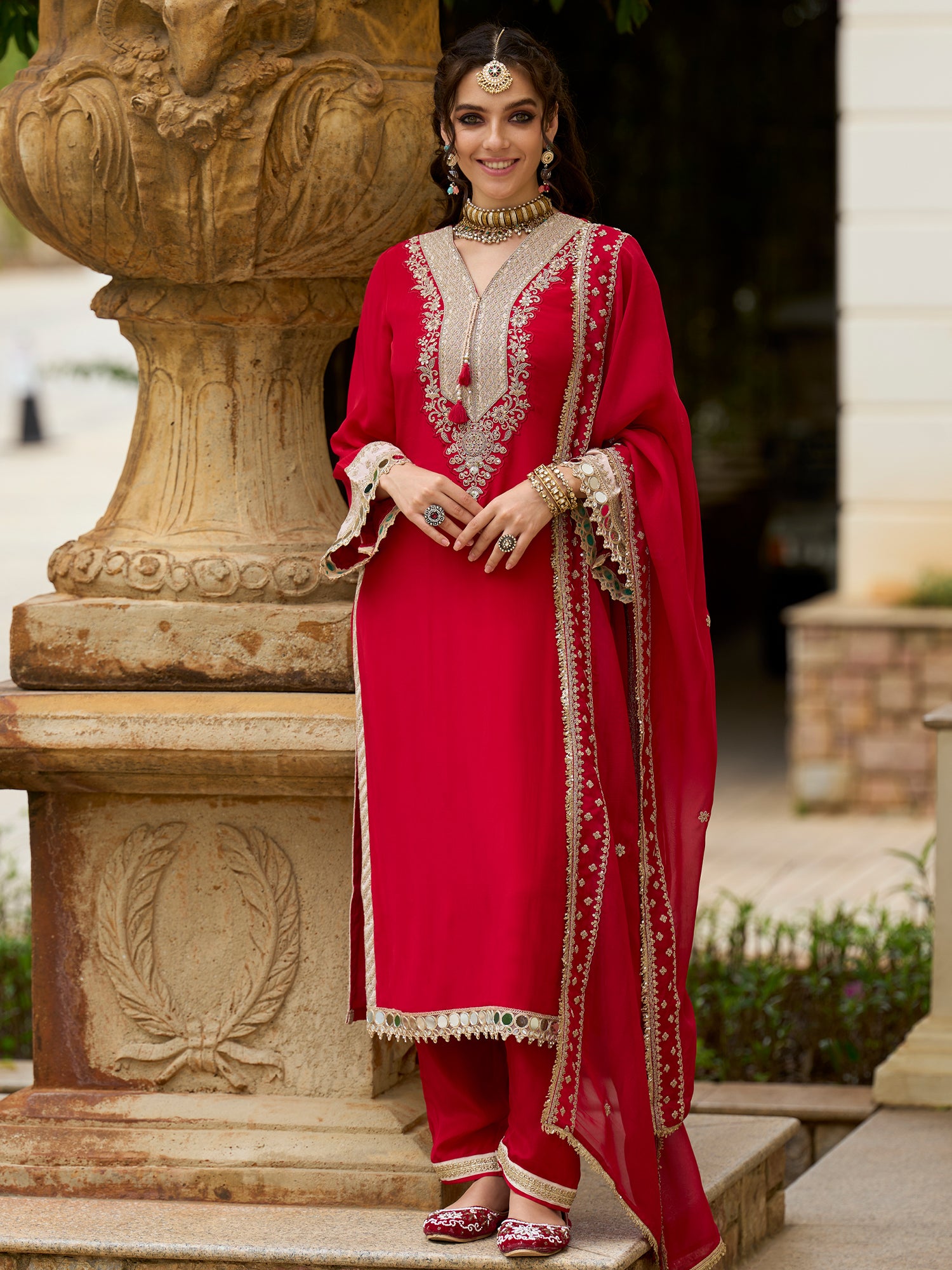Indo Era Red Embroidered Straight Kurta Trousers With Dupatta set