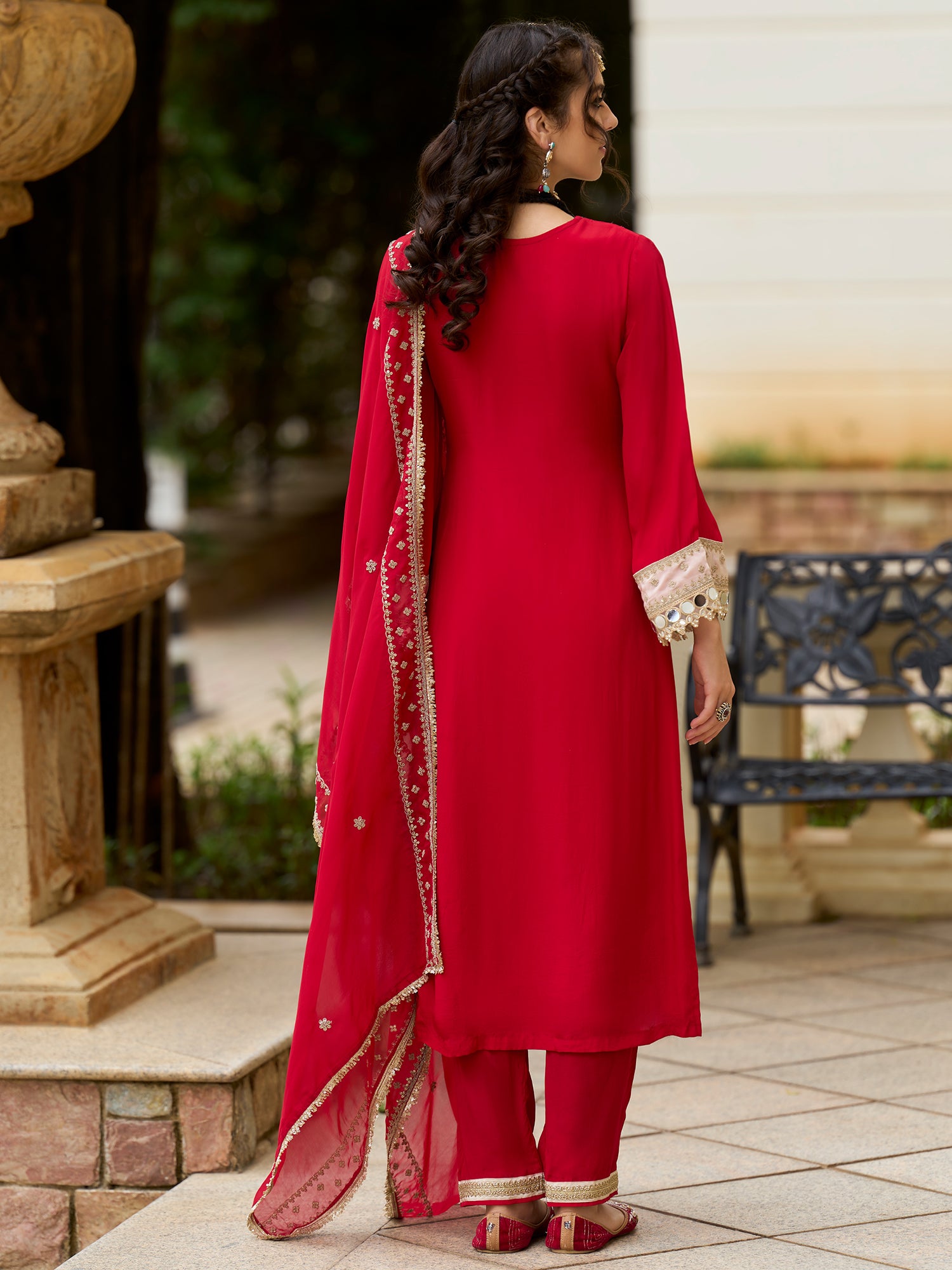 Indo Era Red Embroidered Straight Kurta Trousers With Dupatta set