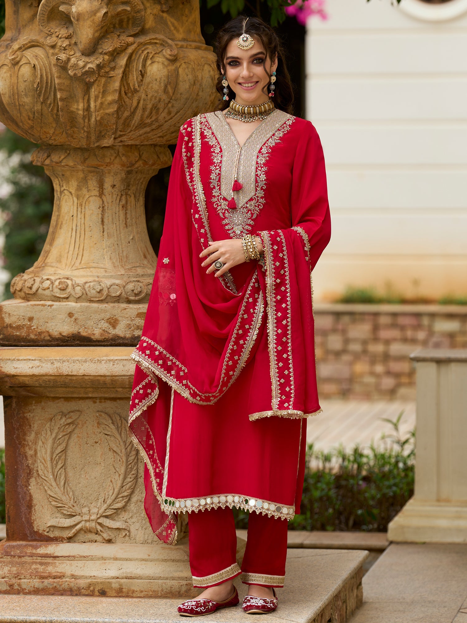 Indo Era Red Embroidered Straight Kurta Trousers With Dupatta set