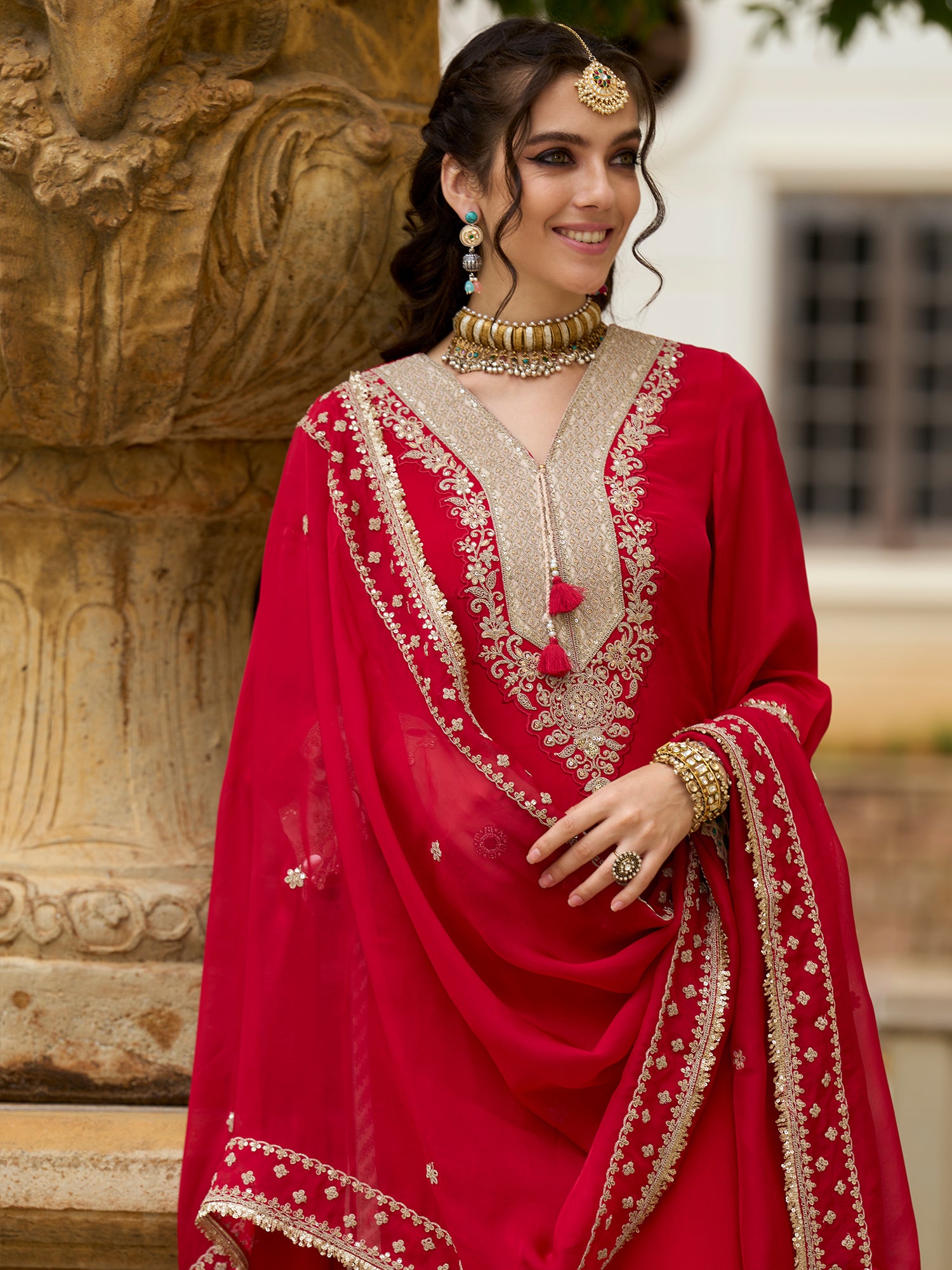 Indo Era Red Embroidered Straight Kurta Trousers With Dupatta set