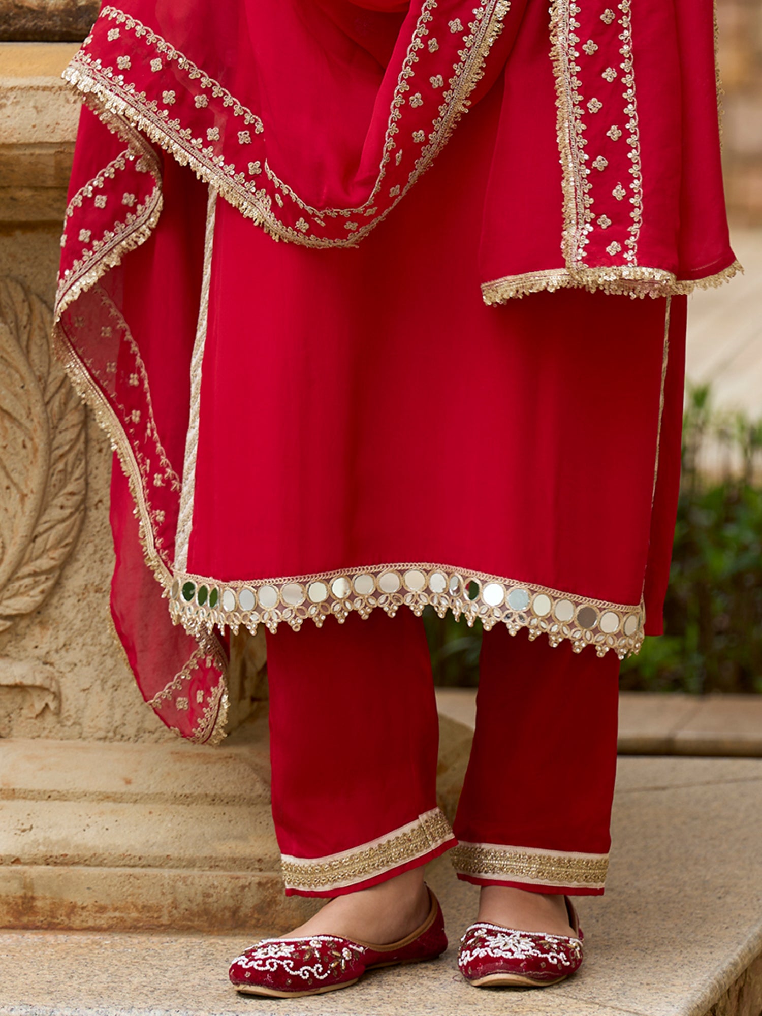 Indo Era Red Embroidered Straight Kurta Trousers With Dupatta set