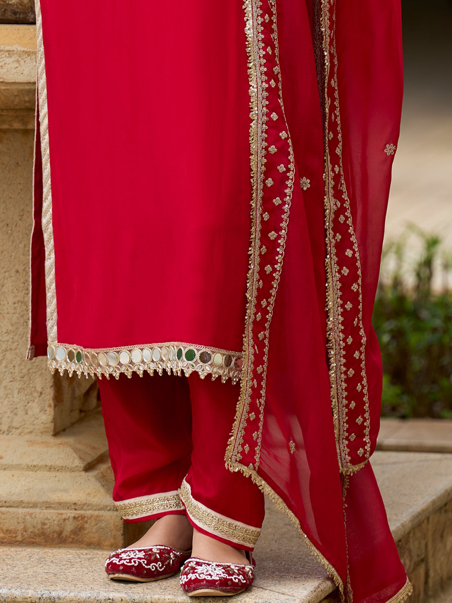 Indo Era Red Embroidered Straight Kurta Trousers With Dupatta set