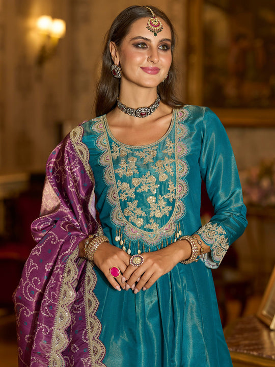 Blue Embroidered Silk Blend A-Line Suit Sets With Dupatta