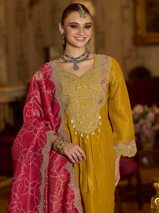 Yellow Embroidered Silk Blend A-Line Suit Sets With Dupatta