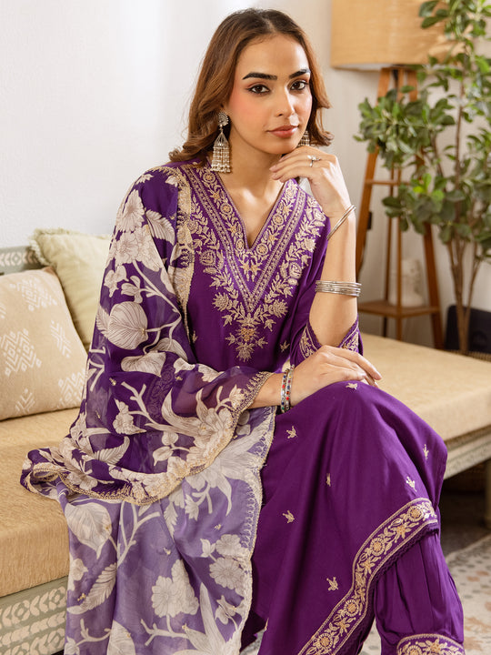 Indo Era Purple Embroidered Straight Kurta Salwar With Dupatta set