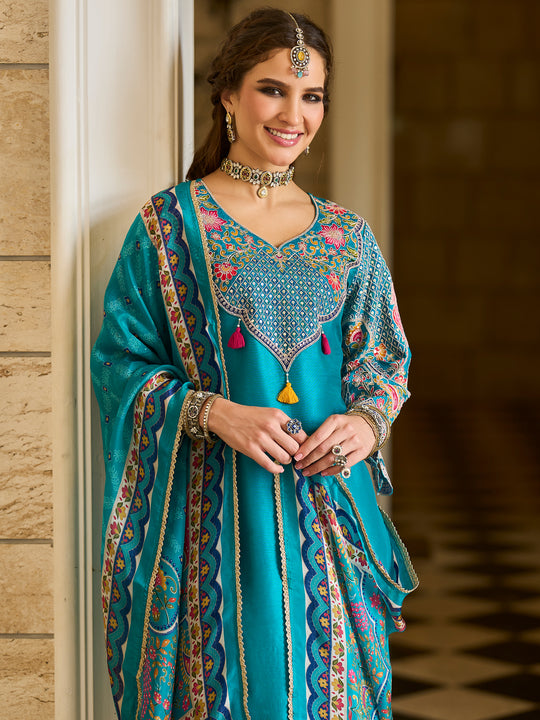 Indo Era Blue Embroidered A-Line Kurta Trousers With Dupatta set