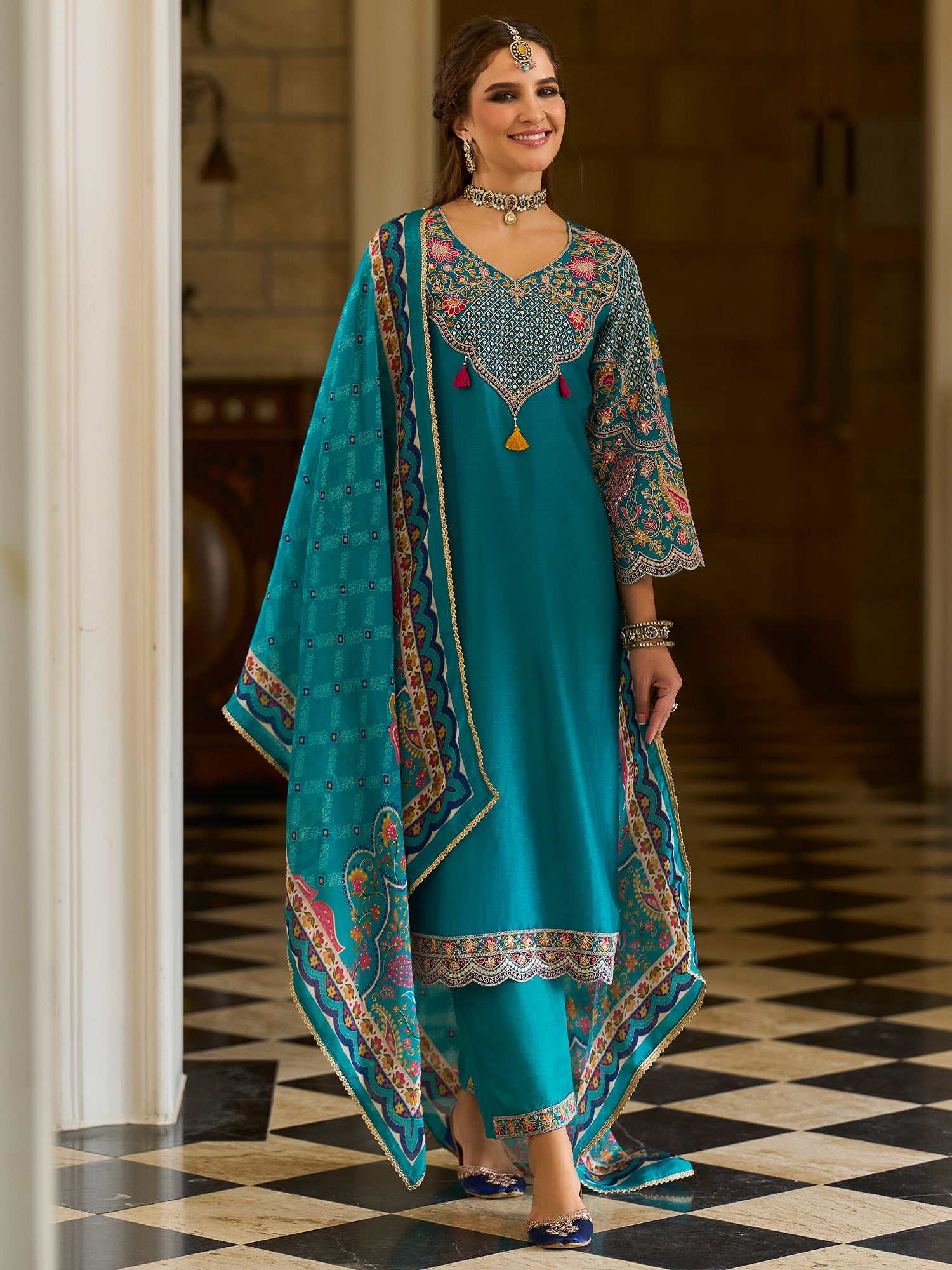 Indo Era Blue Embroidered A-Line Kurta Trousers With Dupatta set