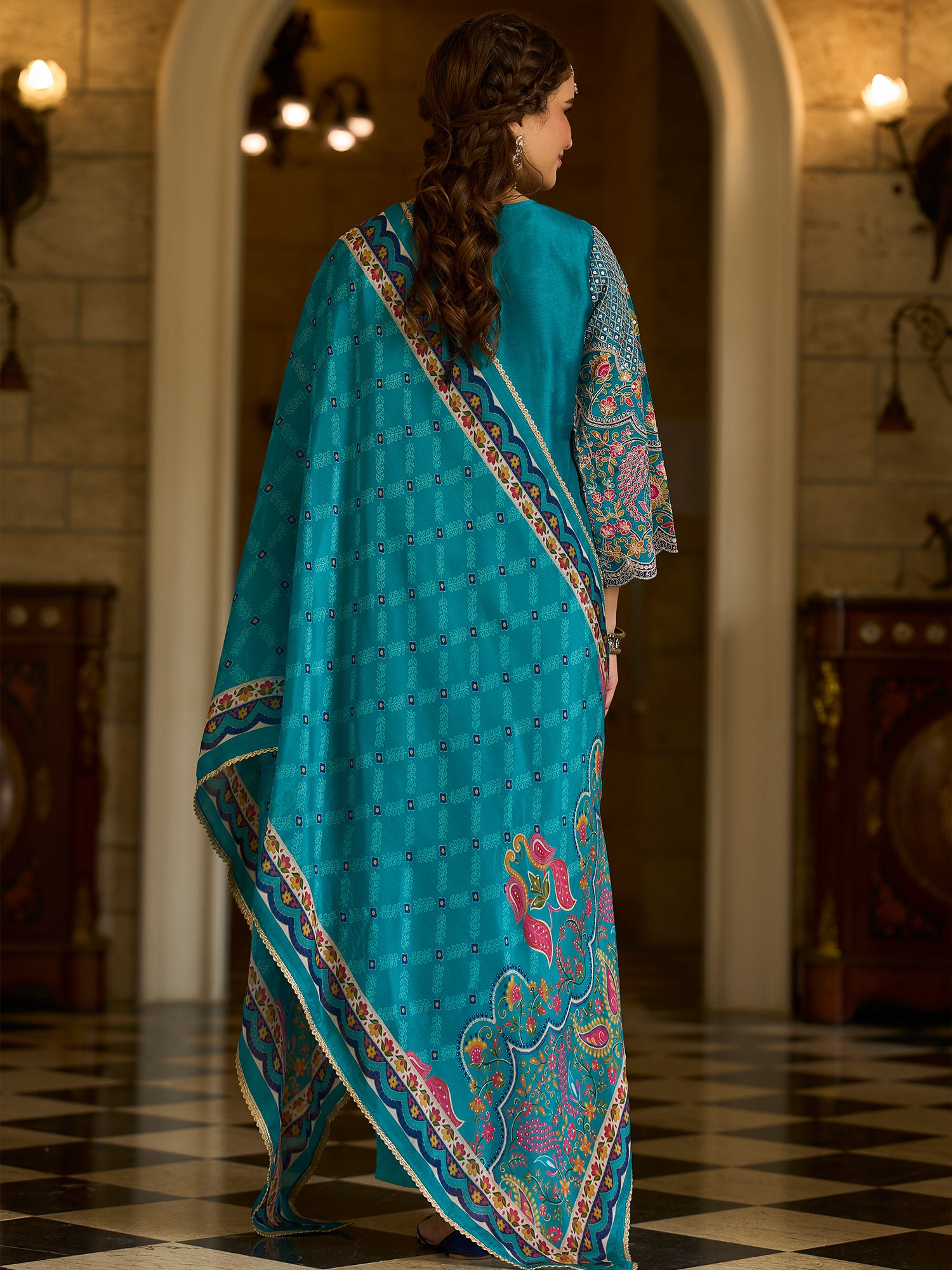 Indo Era Blue Embroidered A-Line Kurta Trousers With Dupatta set