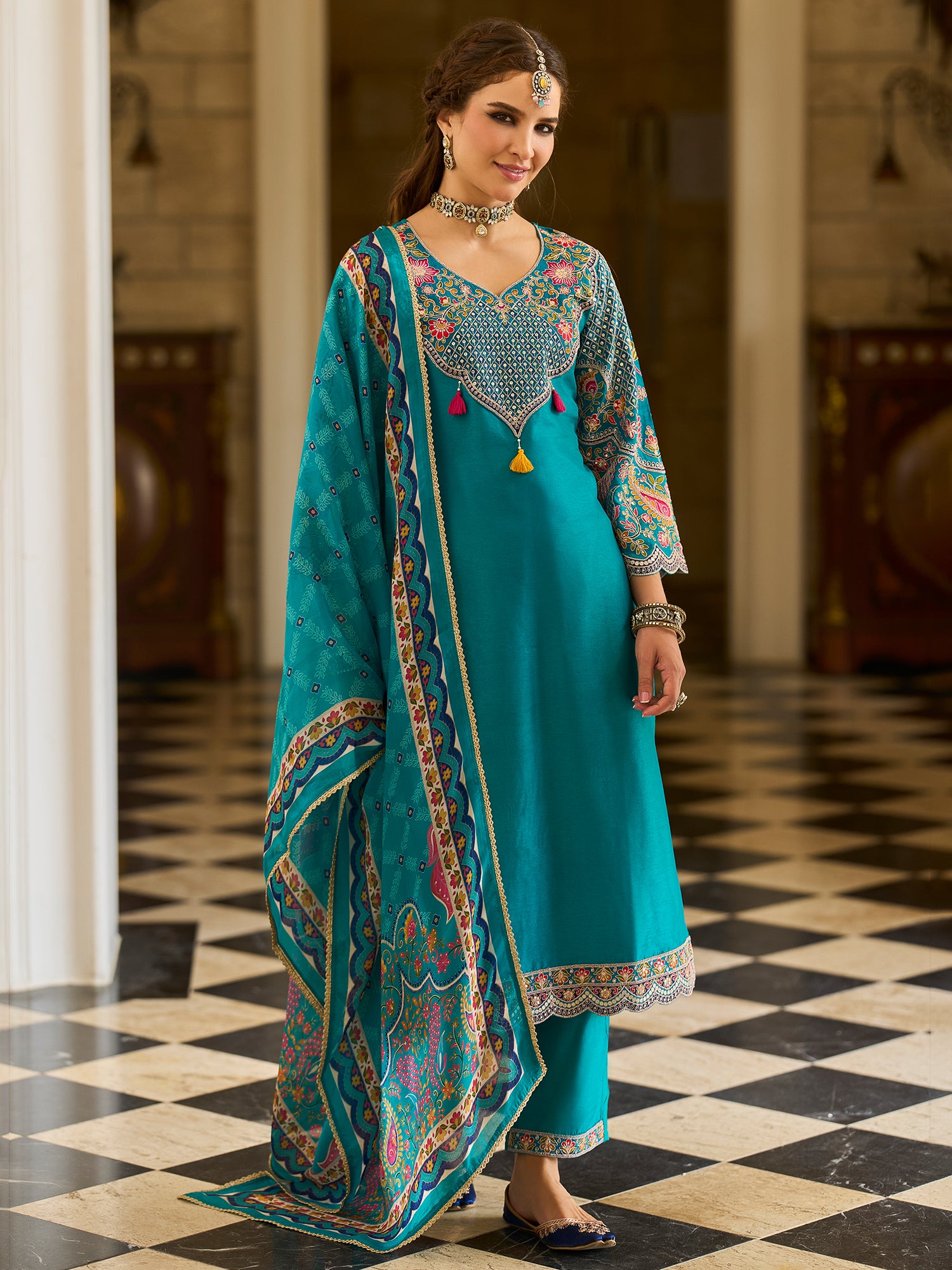 Indo Era Blue Embroidered A-Line Kurta Trousers With Dupatta set