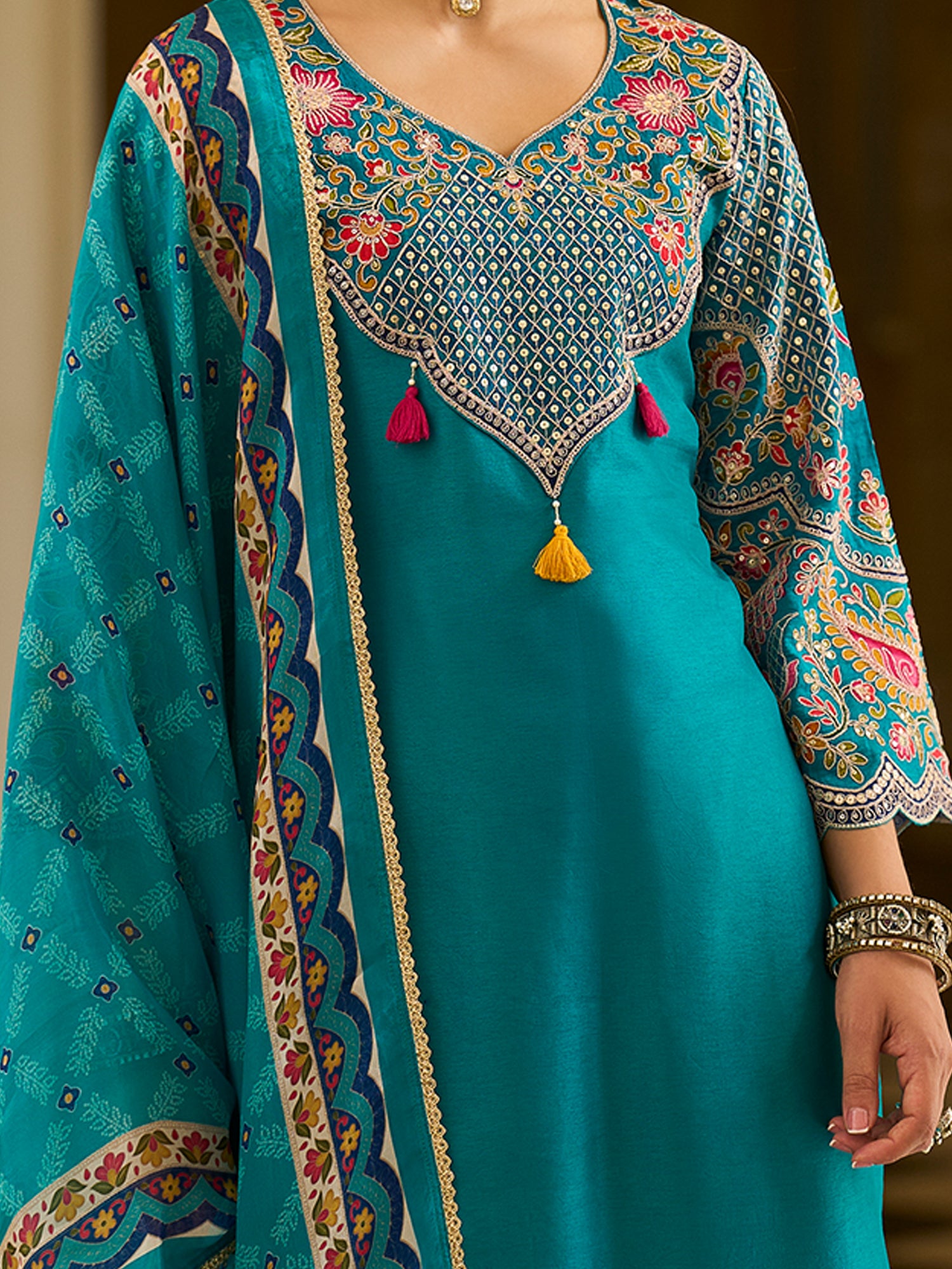Indo Era Blue Embroidered A-Line Kurta Trousers With Dupatta set