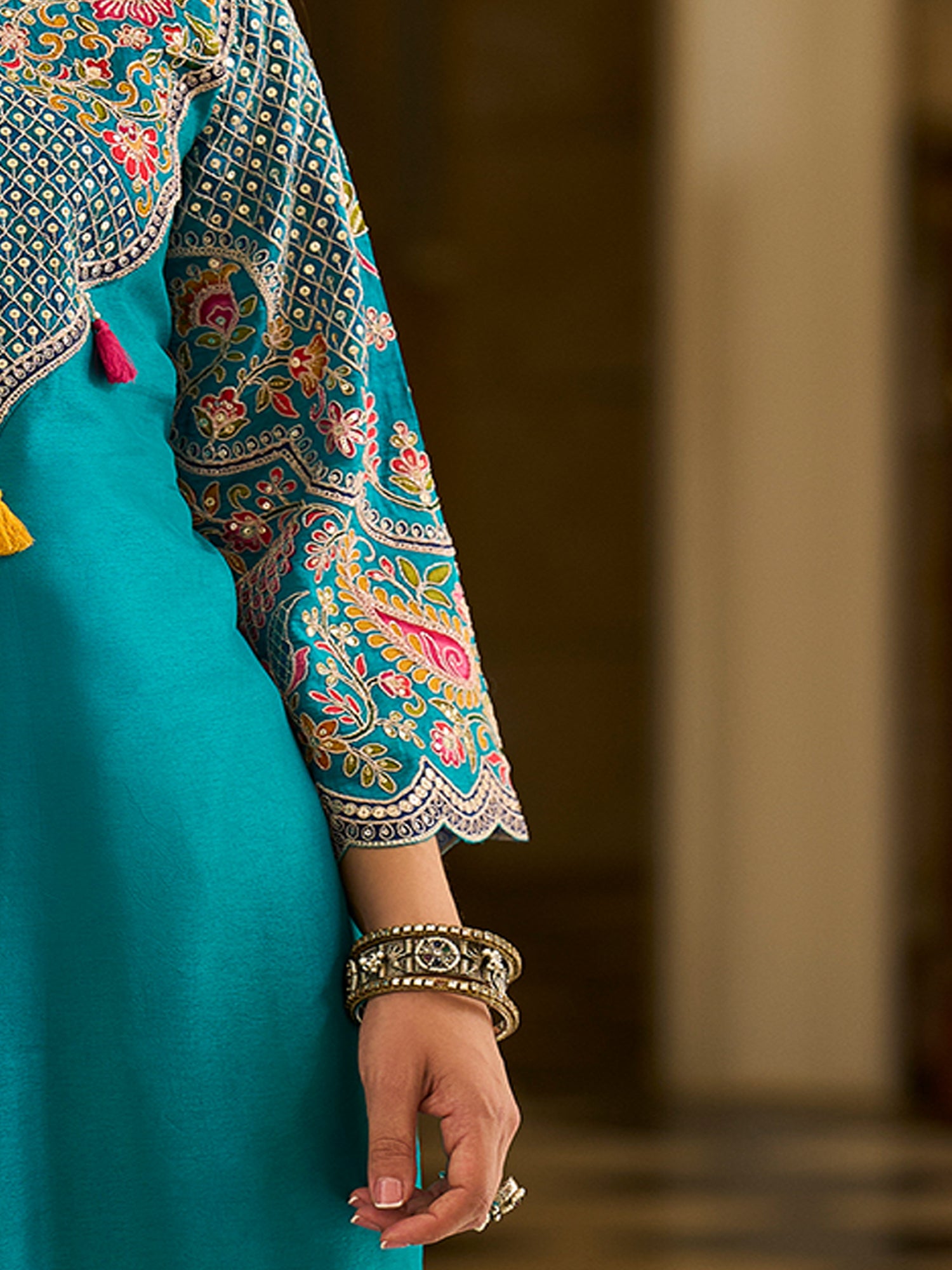 Indo Era Blue Embroidered A-Line Kurta Trousers With Dupatta set