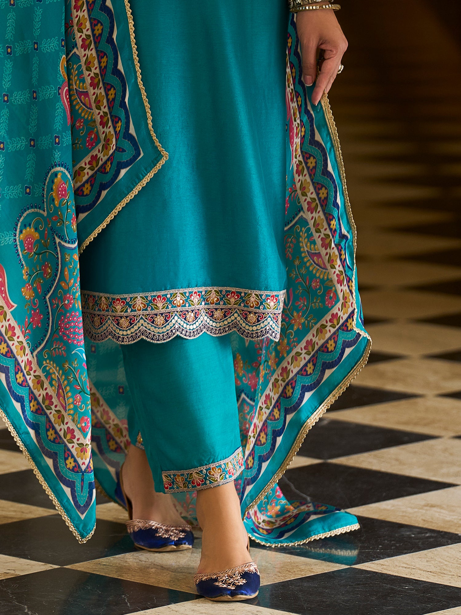 Indo Era Blue Embroidered A-Line Kurta Trousers With Dupatta set