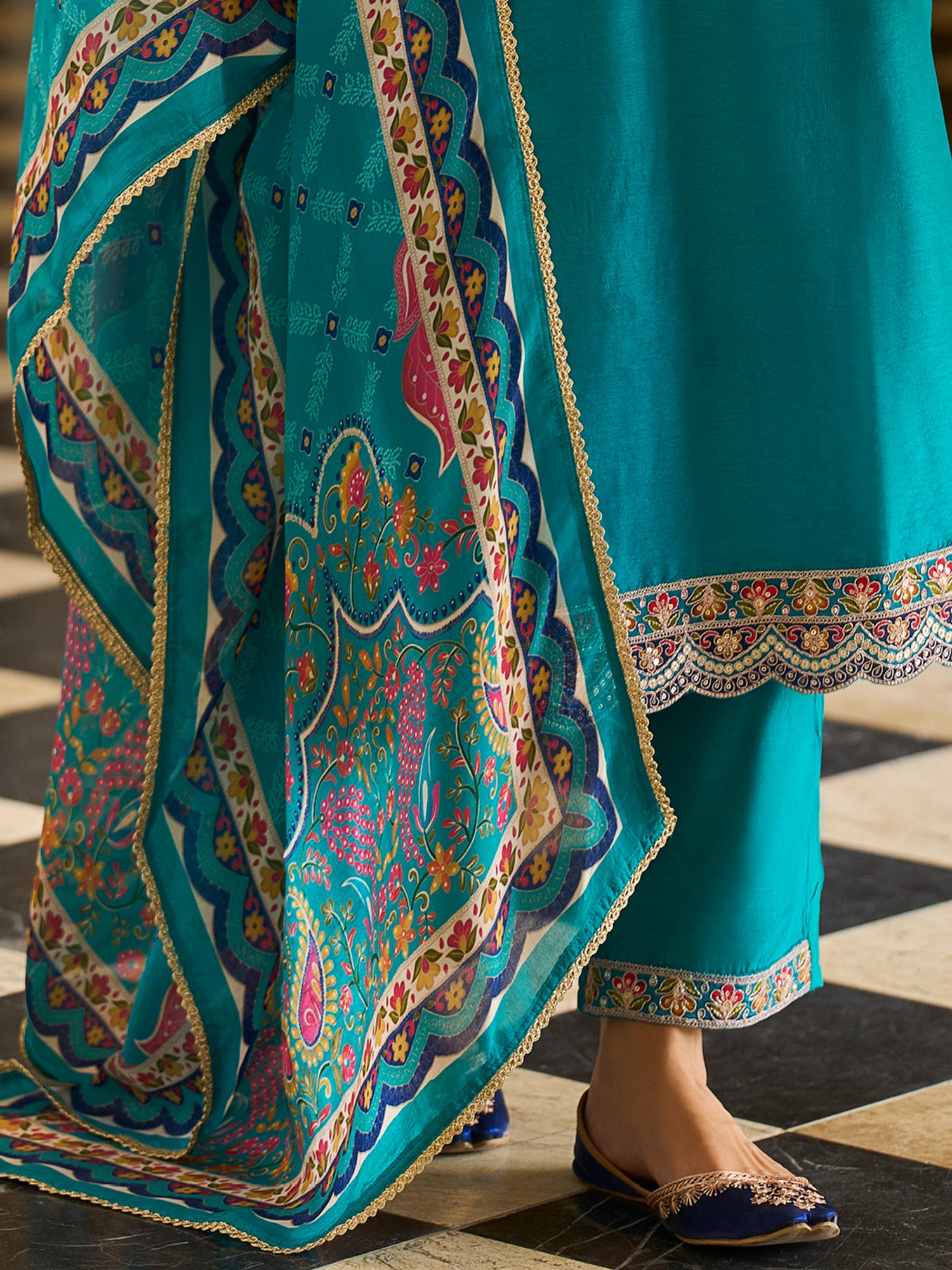 Indo Era Blue Embroidered A-Line Kurta Trousers With Dupatta set