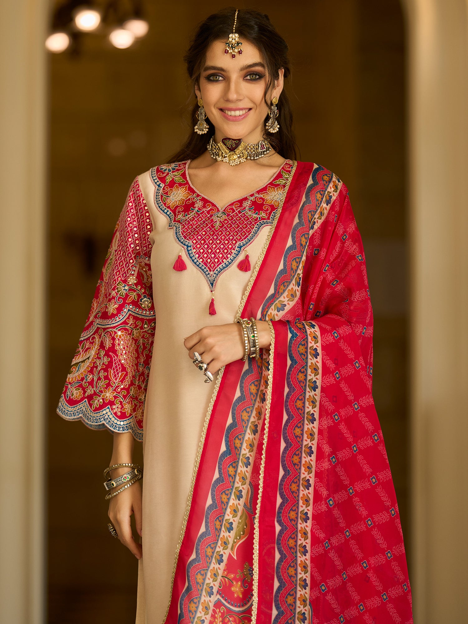 Indo Era Cream Embroidered A-Line Kurta Trousers With Dupatta set