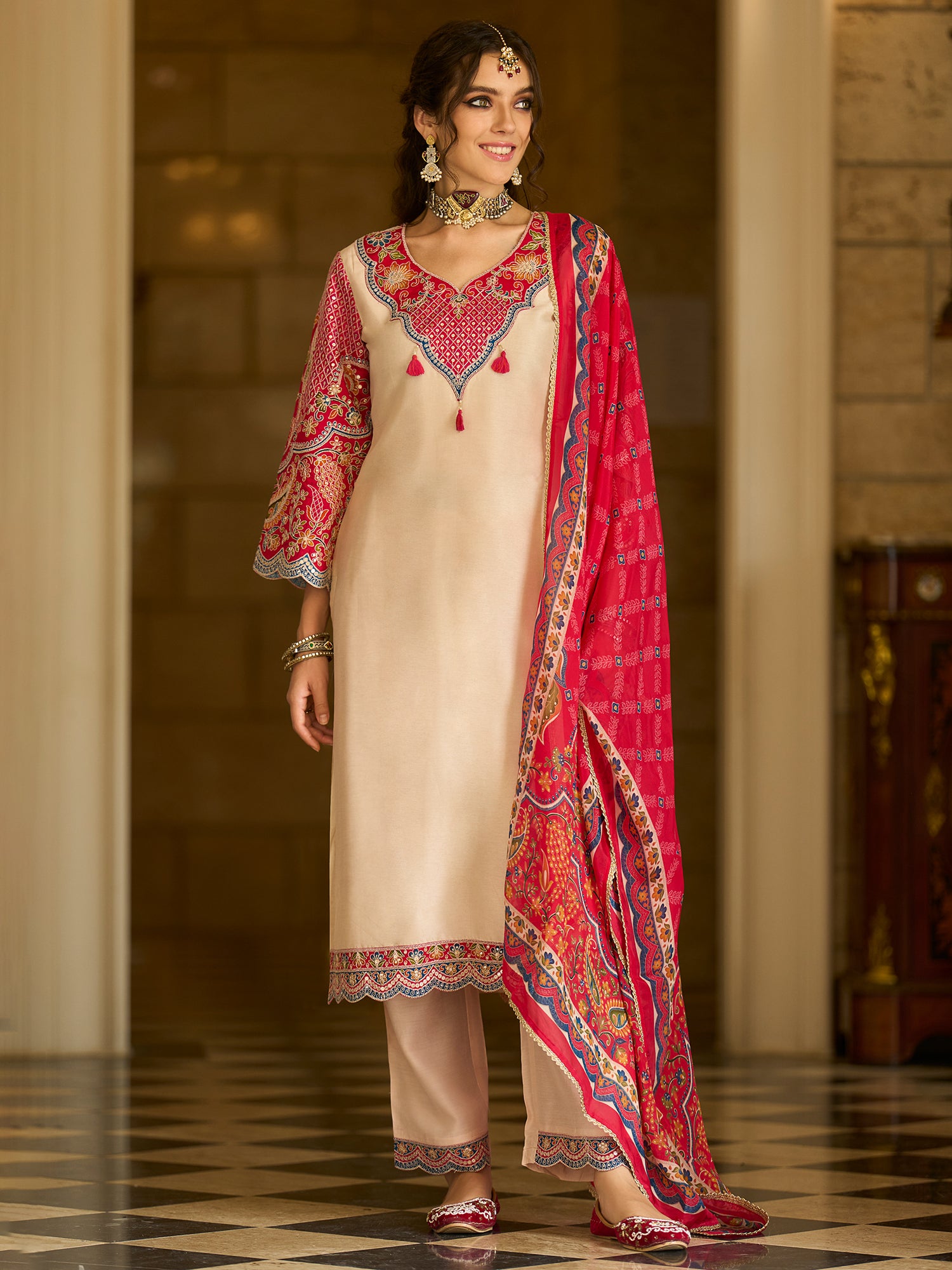 Indo Era Cream Embroidered A-Line Kurta Trousers With Dupatta set