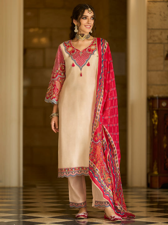 Indo Era Cream Embroidered A-Line Kurta Trousers With Dupatta set