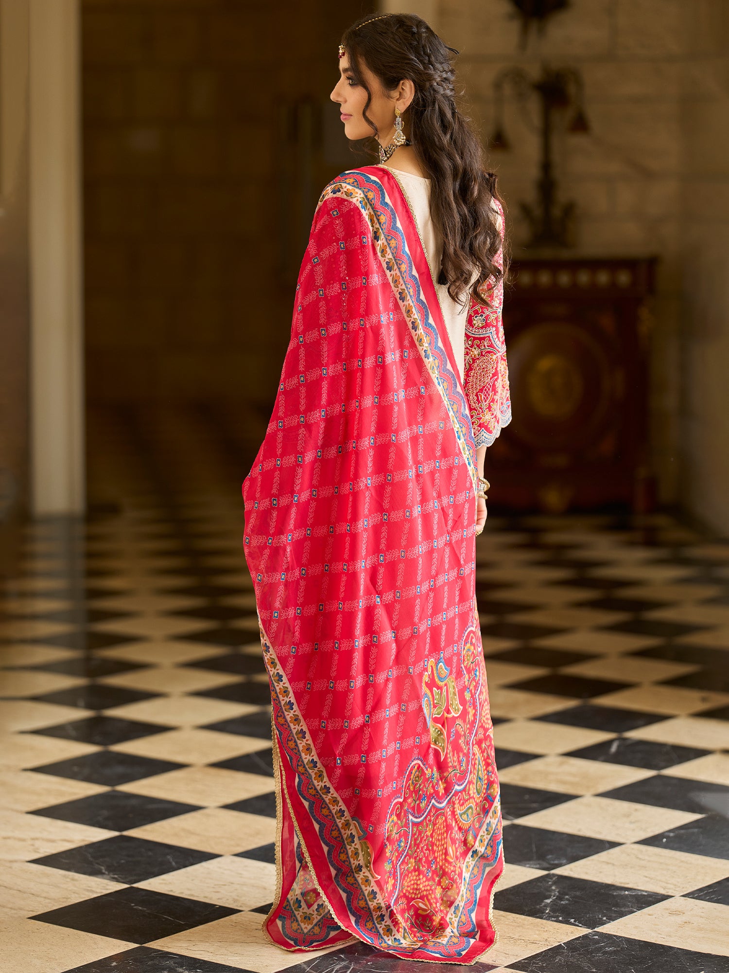 Indo Era Cream Embroidered A-Line Kurta Trousers With Dupatta set