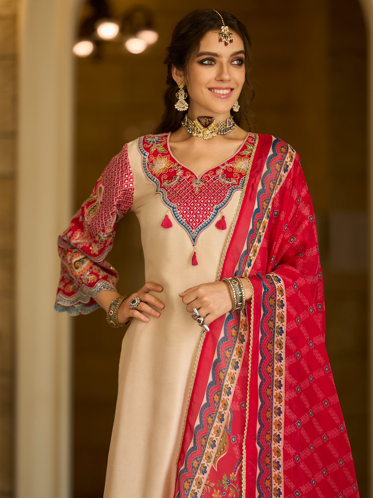 Indo Era Cream Embroidered A-Line Kurta Trousers With Dupatta set