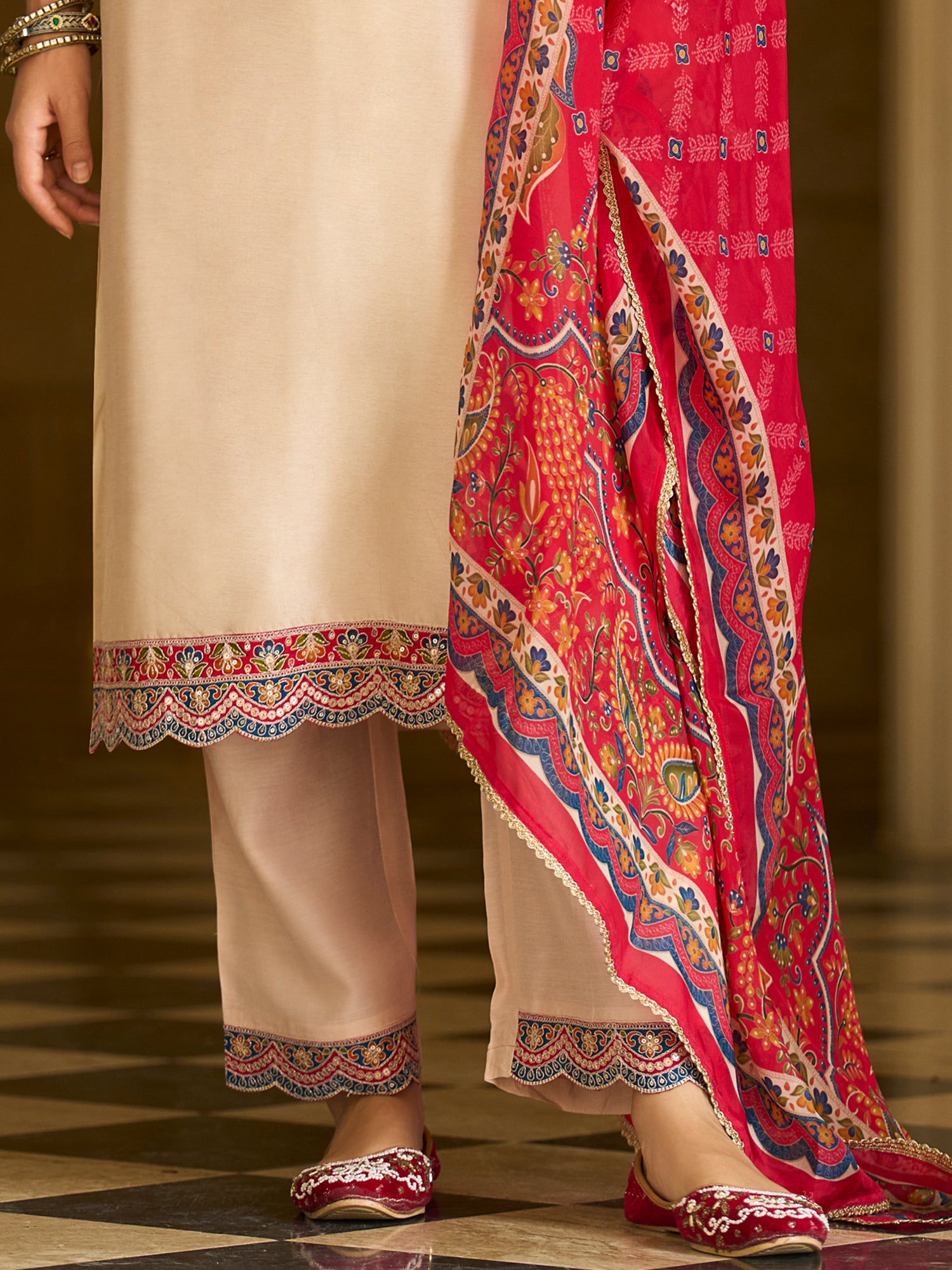 Indo Era Cream Embroidered A-Line Kurta Trousers With Dupatta set