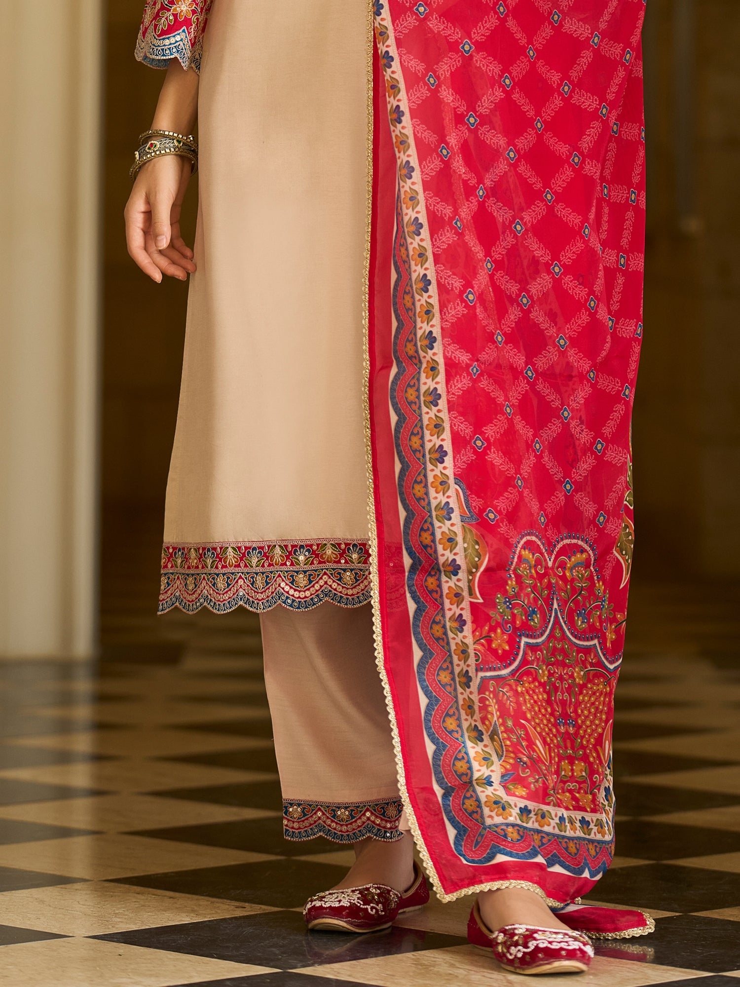 Indo Era Cream Embroidered A-Line Kurta Trousers With Dupatta set