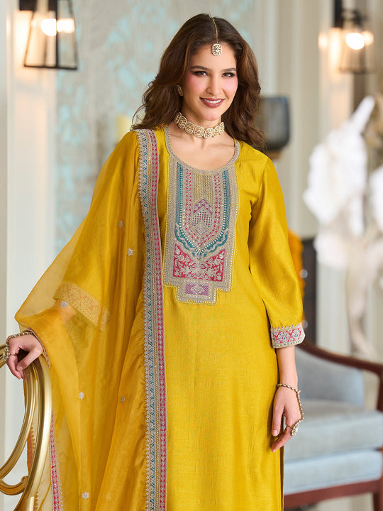 Yellow Embroidered Silk Blend A-Line Suit Sets With Dupatta