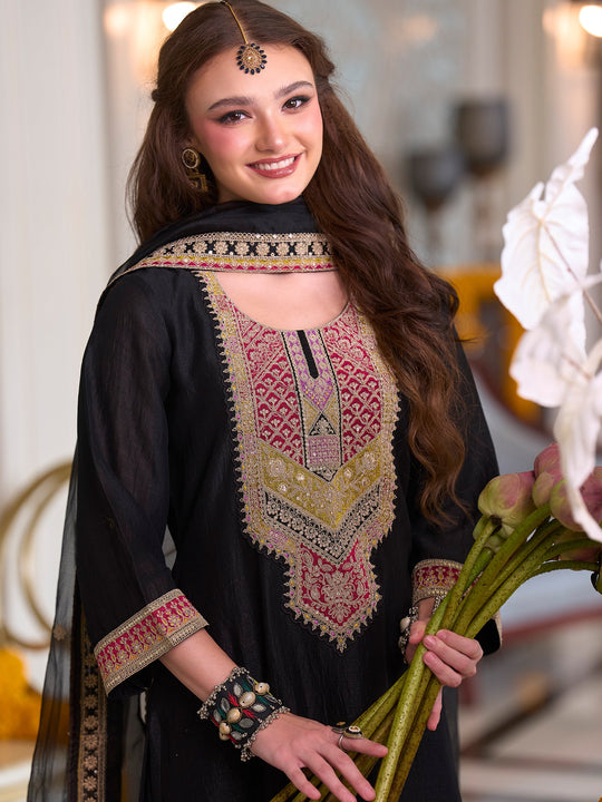 Black Embroidered Silk Blend A-Line Suit Sets With Dupatta