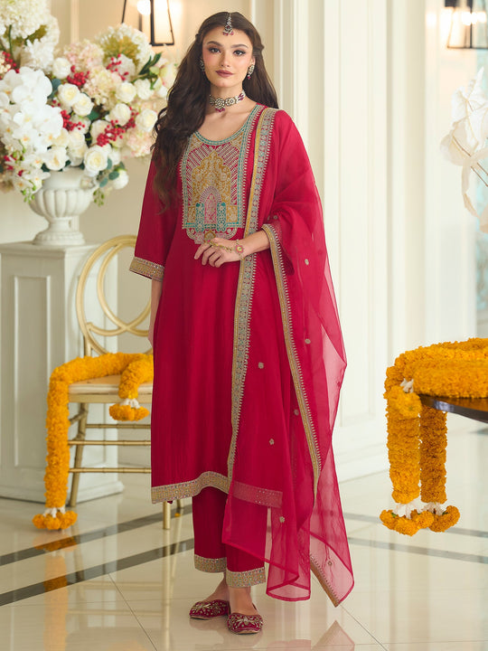 Red Embroidered Silk Blend A-Line Suit Sets With Dupatta