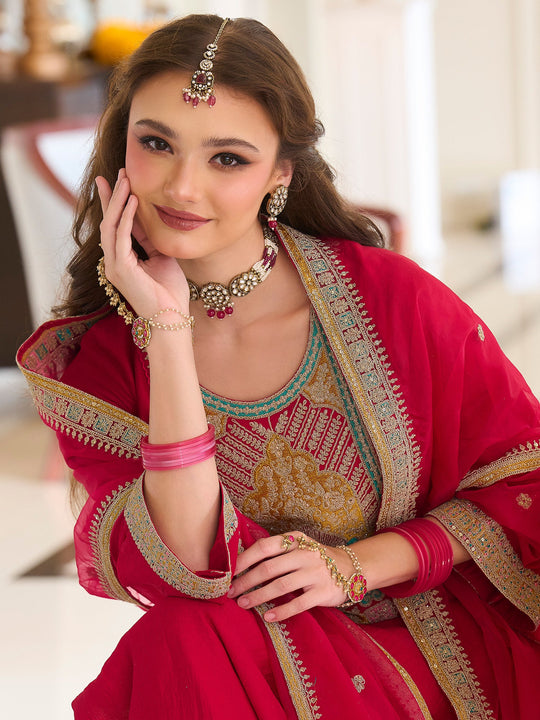 Red Embroidered Silk Blend A-Line Suit Sets With Dupatta