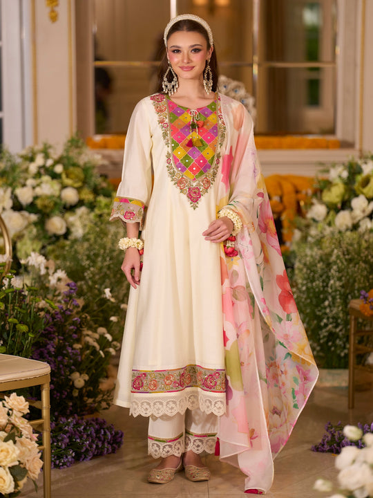 White Embroidered Silk Blend A-Line Suit Sets With Dupatta