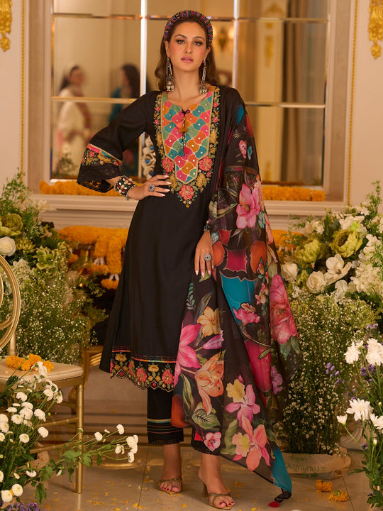 Black Embroidered Silk Blend A-Line Suit Sets With Dupatta
