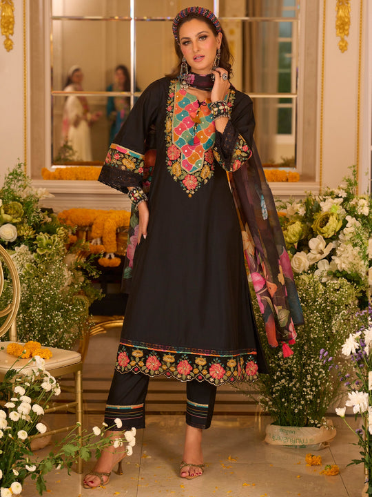 Black Embroidered Silk Blend A-Line Suit Sets With Dupatta