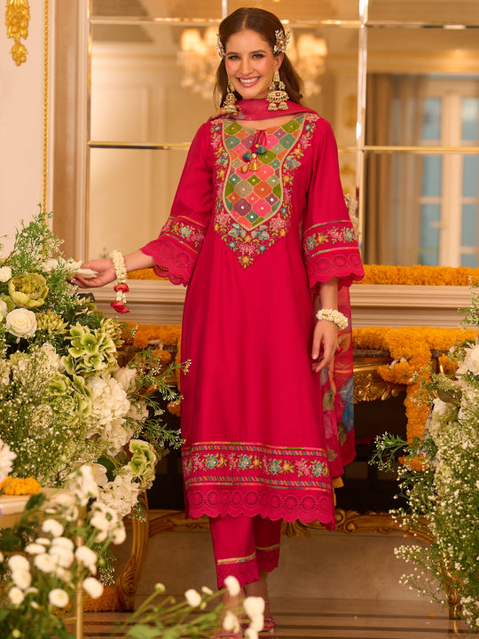 Pink Embroidered Silk Blend A-Line Suit Sets With Dupatta