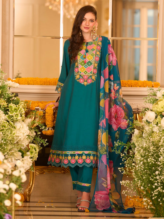 Teal Embroidered Silk Blend A-Line Suit Sets With Dupatta
