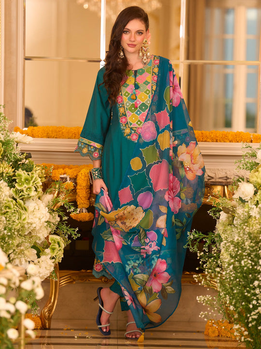 Teal Embroidered Silk Blend A-Line Suit Sets With Dupatta