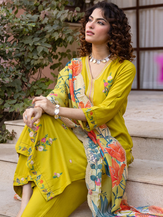 Indo Era Green Embroidered Straight Kurta Salwar With Dupatta set